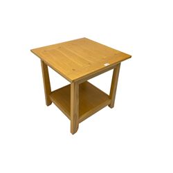 Light oak lamp or side table table, square top with under-tier