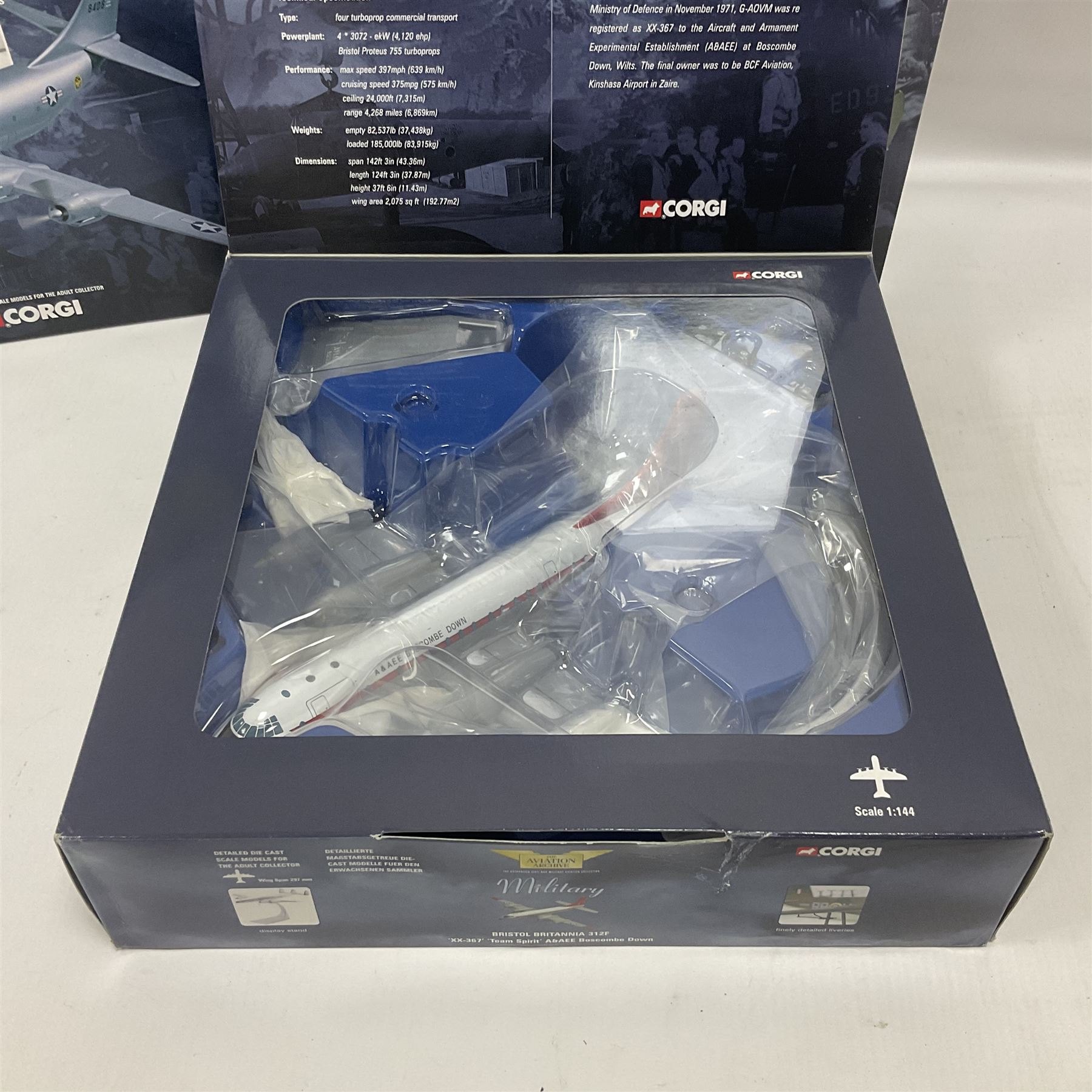 Corgi - Aviation Archive, eight models comprising three ‘Military’ and five ‘Berlin Airlift’ 1:144 scale models, to include limited editions AA31502 Bristol Britannia 312F ‘XX-367’ ‘Team Spirit’ A&AEE Boscombe Down no.686/2500; 48104 Boeing C-97A Stratofreighter Military Air Transport Services no.2815/4000; 47205 Avro York - RAF; 47403 Avro Lancastrian; all boxed (8)