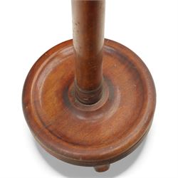 Early 20th century mahogany standard lamp, the turned column raised on a circular stepped base with compressed bun feet, fitted with a shaped Downton Abbey silk shade decorated with foliate trail motifs, beaded edging and fringe trim