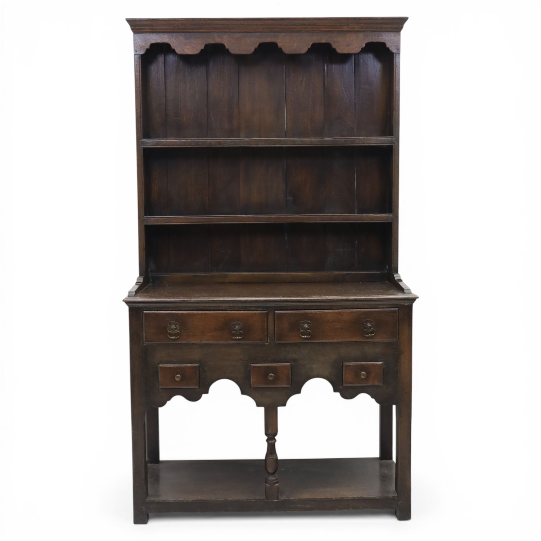 Titchmarsh & Goodwin - Georgian design compact dresser and plate rack, with moulded cornice, above two grooved shelves, above a dresser base with  two short over three small drawers, raised on stile feet united by an undertier