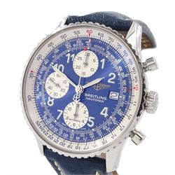 Breitling Old Navitimer gentleman's stainless steel automatic wristwatch, Ref. A13322 serial No. 517301, blue dial with date aperture,  silvered subsidiary dials at 6, 9 and 12 for seconds, 30 minute and 12 hour recording, bi-directional inner slide rule scale, on blue leather strap, boxed with papers and receipt dated 2002