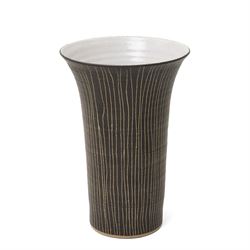 Sarah Butler and Martin Clark: Two works, comprising a sleeve vase and one bowl, each with vertical sgraffito decoration, and with incised potters marks to base, largest H19.5cm (2)