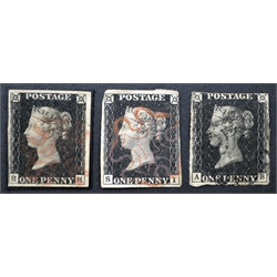  Three Queen Victoria 1d black stamps, two with red MX, the other with black MX  
