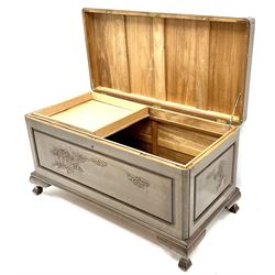 Chinese rosewood camphor wood blanket chest, bamboo carved detail, hinge lid, shaped bracket supports 