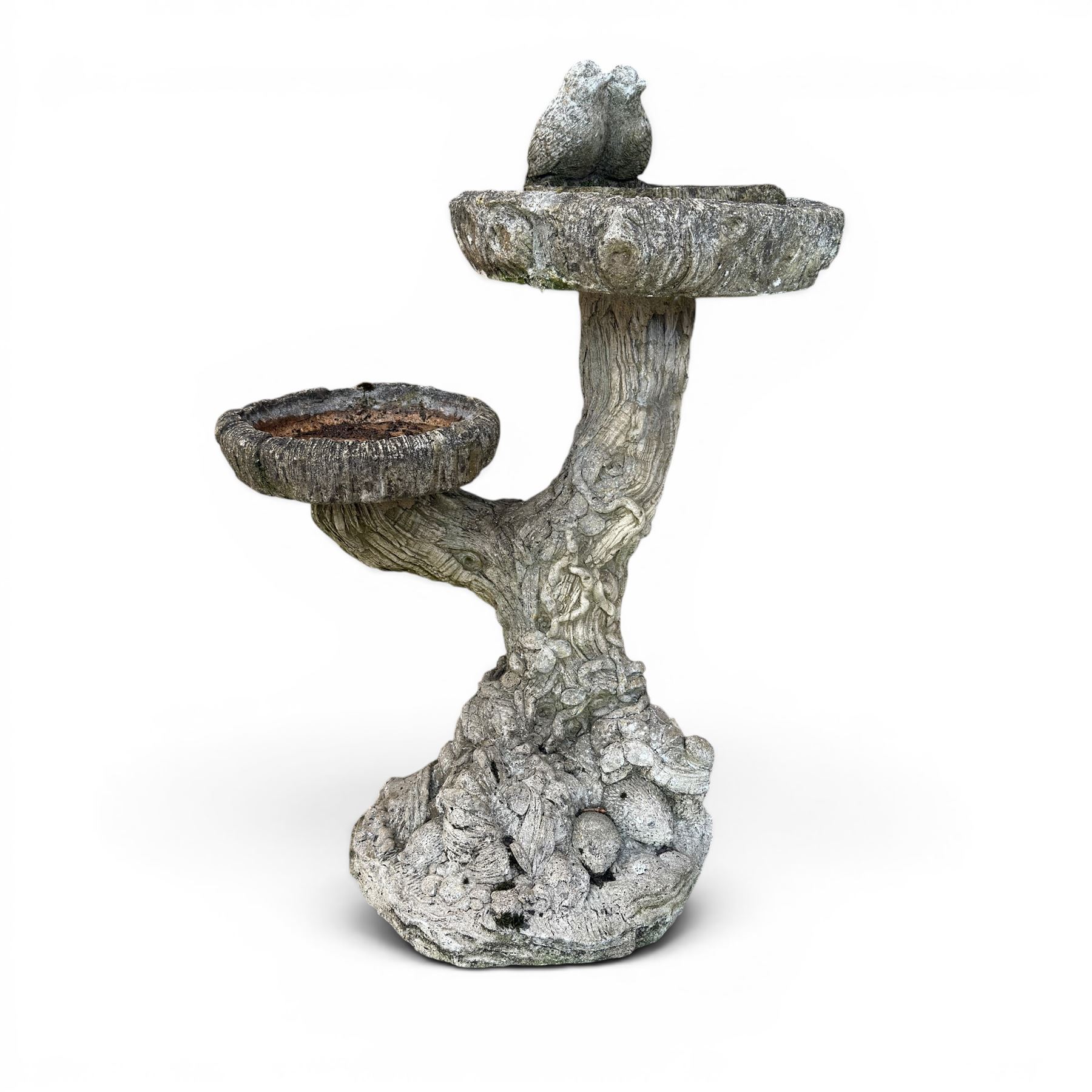 Pair of terracotta circular planters, bark design cast stone two branch bird bath, two small circular stone planters, and three composite circular planters (8)