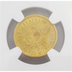 United States of America 1861 Liberty head type 2 gold two and a half dollar coin, encapsulated and graded MS60 by NGC