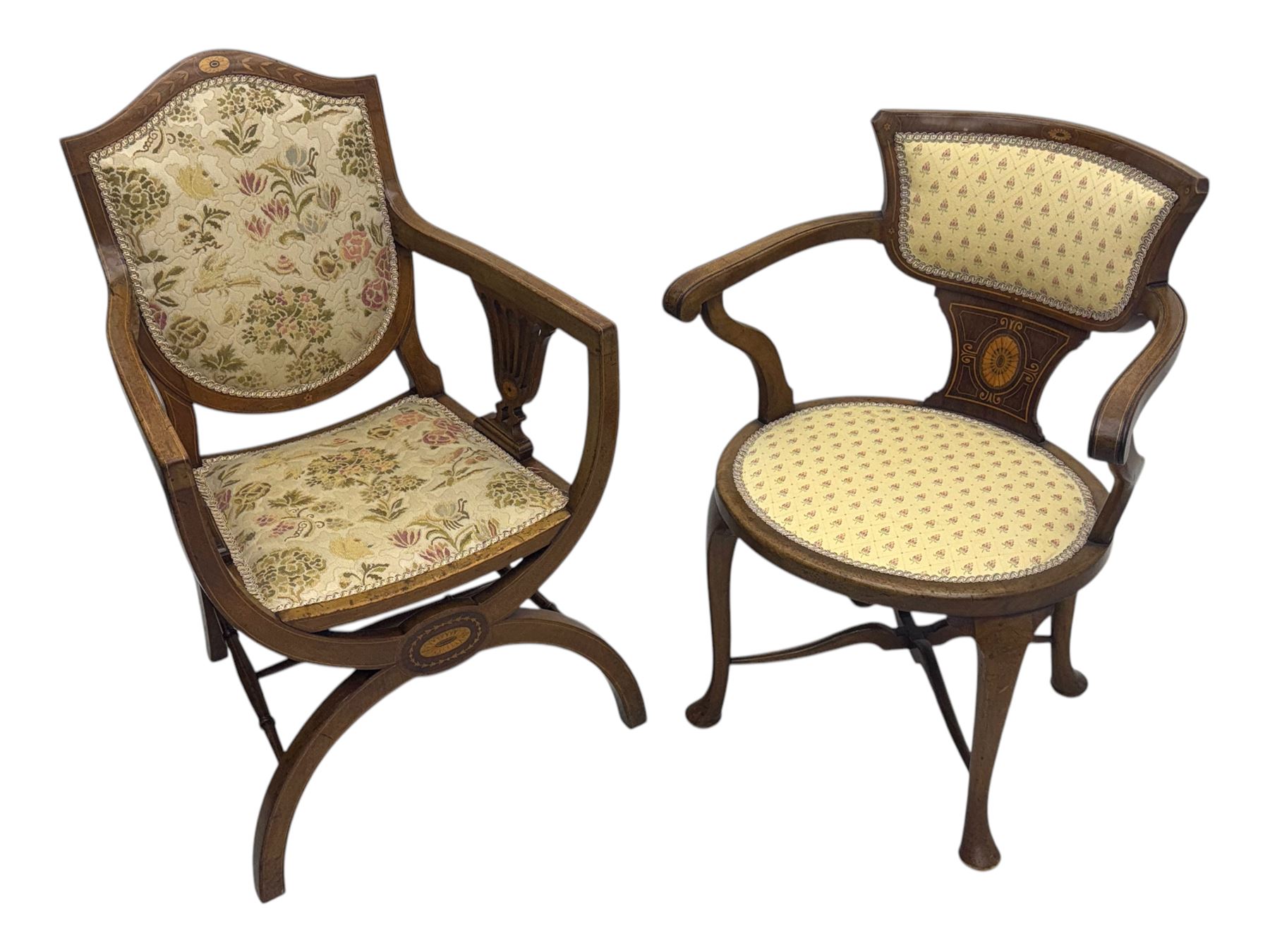 Edwardian inlaid mahogany X-frame armchair, upholstered seat and shield-back, curved front supports united by turned H-stretcher (W57cm, D58cm, H94cm); similar inlaid mahogany armchair, raised on cabriole supports united by cross-stretcher (W62cm, D60cm, H82cm) 
