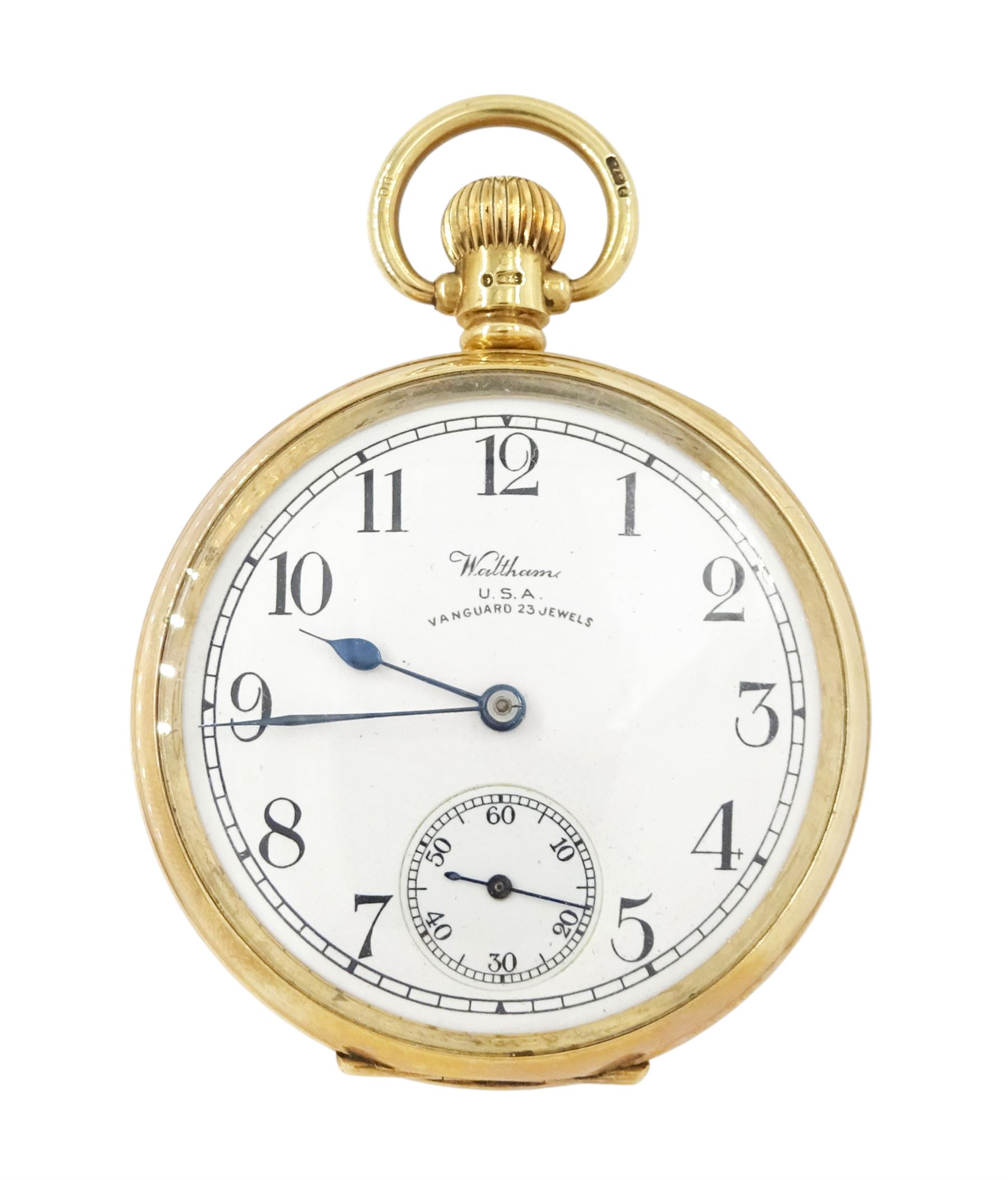 Early-mid 20th century 9ct gold open face Vanguard keyless lever pocket watch by Waltham, Massachusetts, No. 29455279, white enamel dial with Arabic hour markers and subsidiary seconds dial, case by Dennison, Birmingham 1940, in velvet and silk lined case