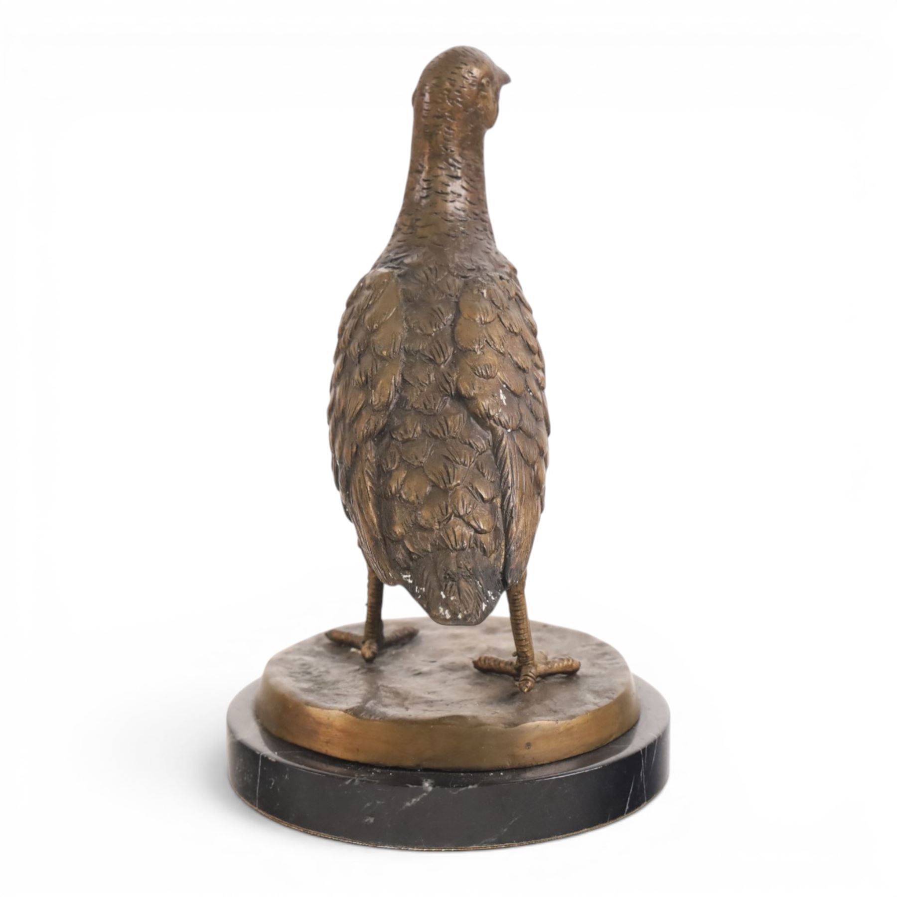 Bronze pheasant upon a circular marble base, together with a similar partridge, largest H25cm 