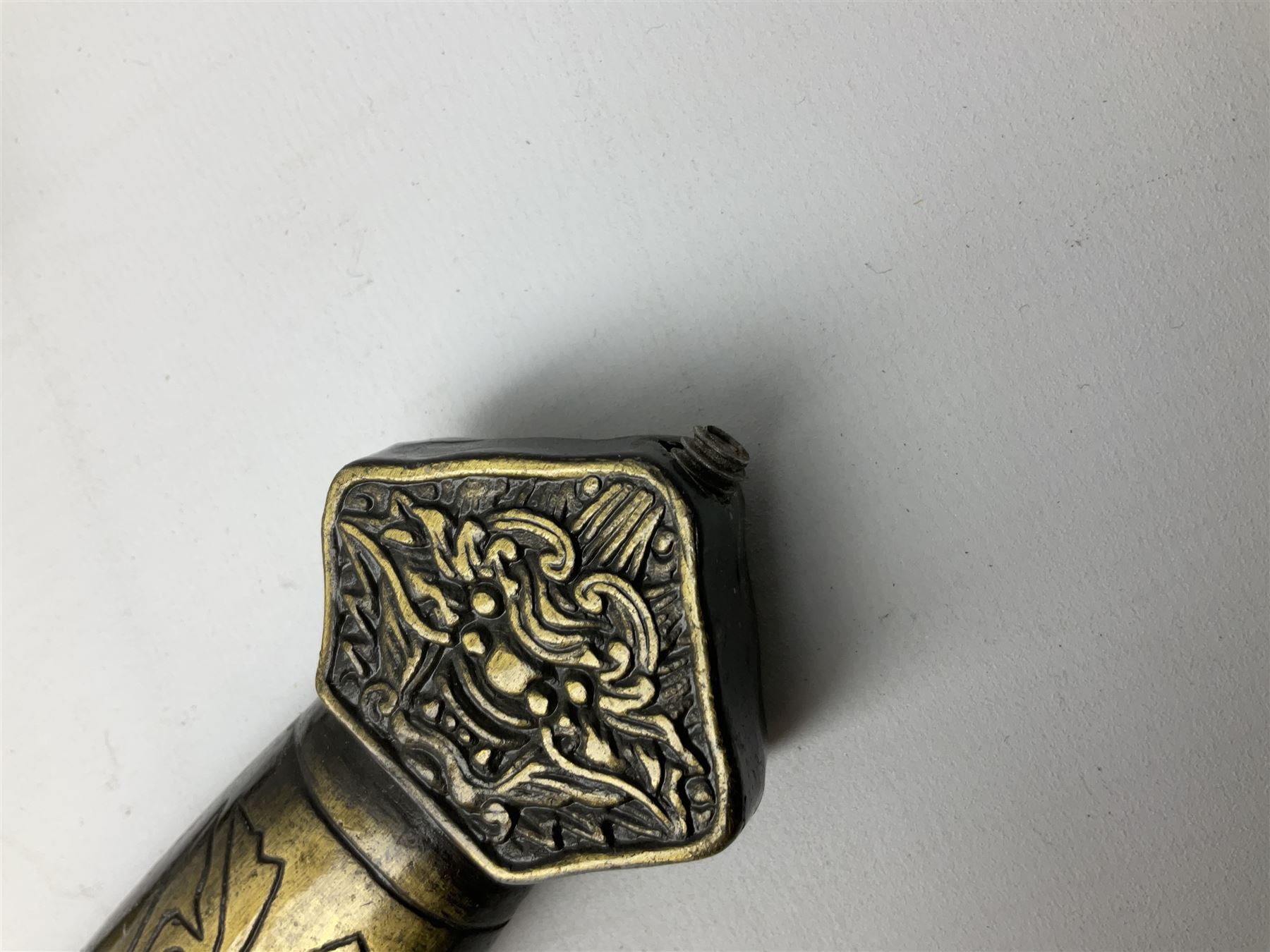 Three reproduction swords - Japanese katana and saya; Tai Chi sword with ornate scabbard; and dress sword with fullered triangular blade and horn handle (3)