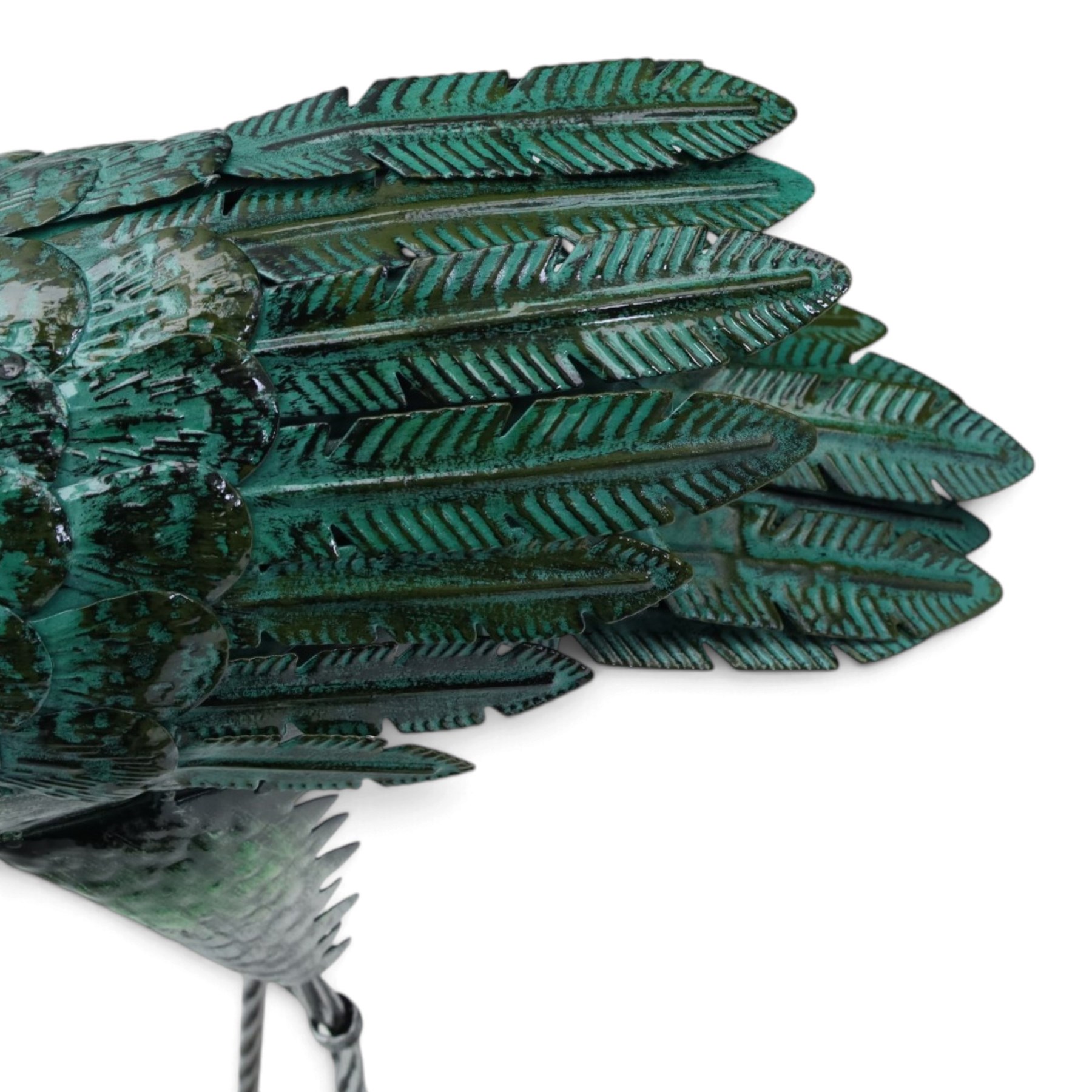 Pair of metal herons, in green and silver tones, with heads raised, H94cm