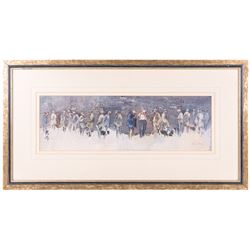 Brian Irving (British 1931-2013): Sheepdogs and Shepherds, watercolour signed 17cm x 55cm 
