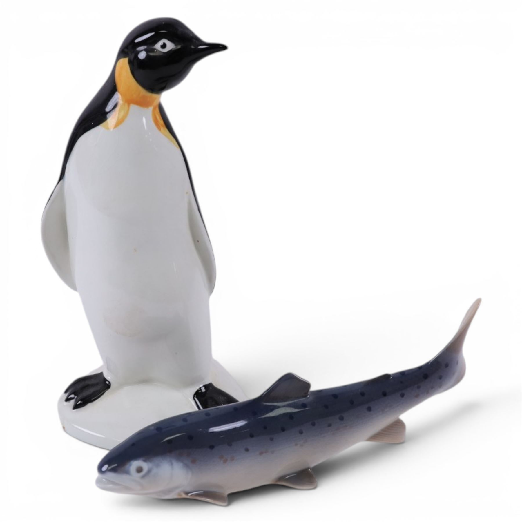 Poole pottery penguin, together with Royal Copenhagen fish, penguin H22cm