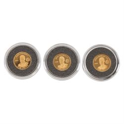 Queen Elizabeth II Tristan da Cunha 2010 'Year of Three Kings' gold proof three coin set, comprising three one crown coins, issued by The London Mint Office, cased with certificate
