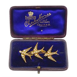 Victorian gold split pearl swallow brooch, in velvet and silk lined box by Charles Horner, Halifax