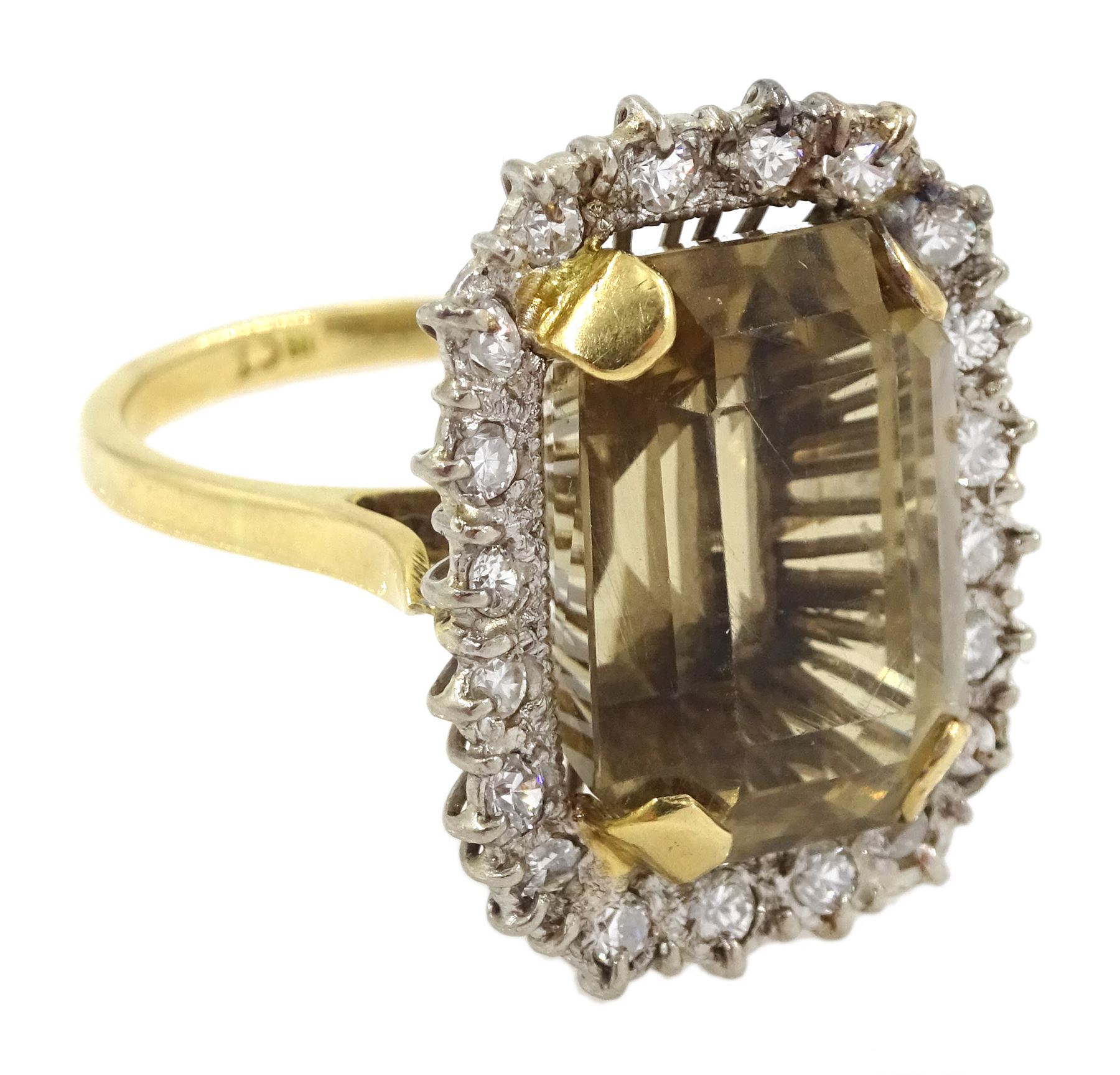 Gold emerald cut citrine/smoky quartz and diamond ring, stamped 18ct 
