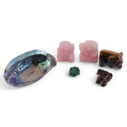 Two rose quartz lucky cats, together with malachite, tiger eye pig, abalone shell 