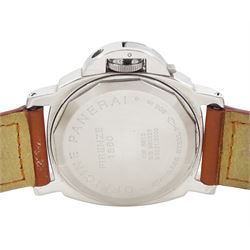 Panerai Luminor Marina gentleman's stainless steel manual wind wristwatch, Ref. OP 6518, limited edition No. 0213/3000, black dial with luminous Arabic and baton hour markers and subsidiary seconds dial at 9 o'clock, on original tan leather strap with addition brown leather strap, boxed with guarantee card dated 2000