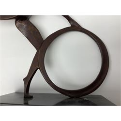 John Huggins FRBS (British 1938): 'Girl with Hoop', bronze sculpture upon black lacquered wooden base, H33cm, artist resale rights apply