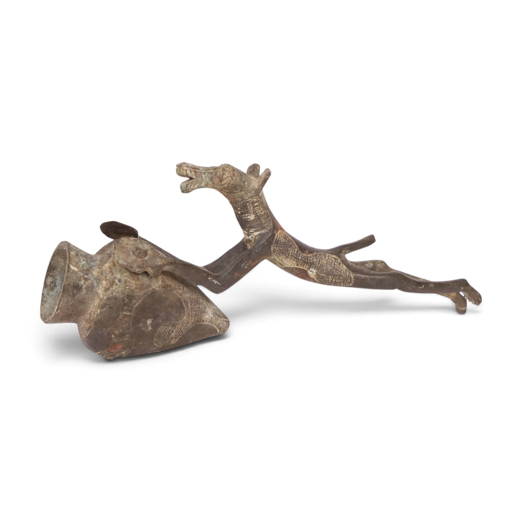 Early anthropometric bronze, possibly African, modelled as a dog holding urn, L20cm
