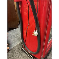 Roadside Relics Fender Custom Shop guitar display case, modelled as an American petrol pump, with a circular two-tone Fender logo light upon the pillar box red cabinet, three sides with glazed panels and chrome detailing, one etched with Fender logo, the interior with removable guitar stand, height including light 184cm