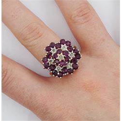 9ct ruby and diamond  flower cluster ring, Birmingham 1980