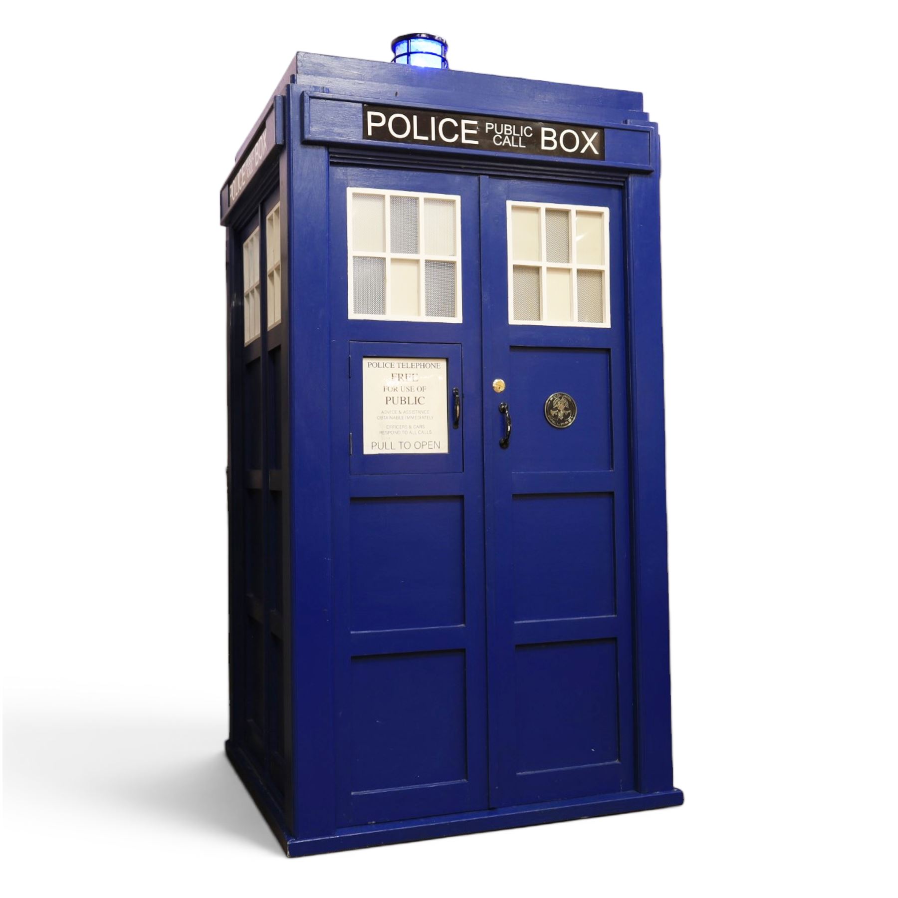 Doctor Who - full scale scratch built replica TARDIS, with functioning lantern and ringing telephone, the telephone door autographed by several Doctor Who cast members including Sylvester McCoy, Frazer Hines, Wendy Padbury, Janet Fielding and Caroline John
