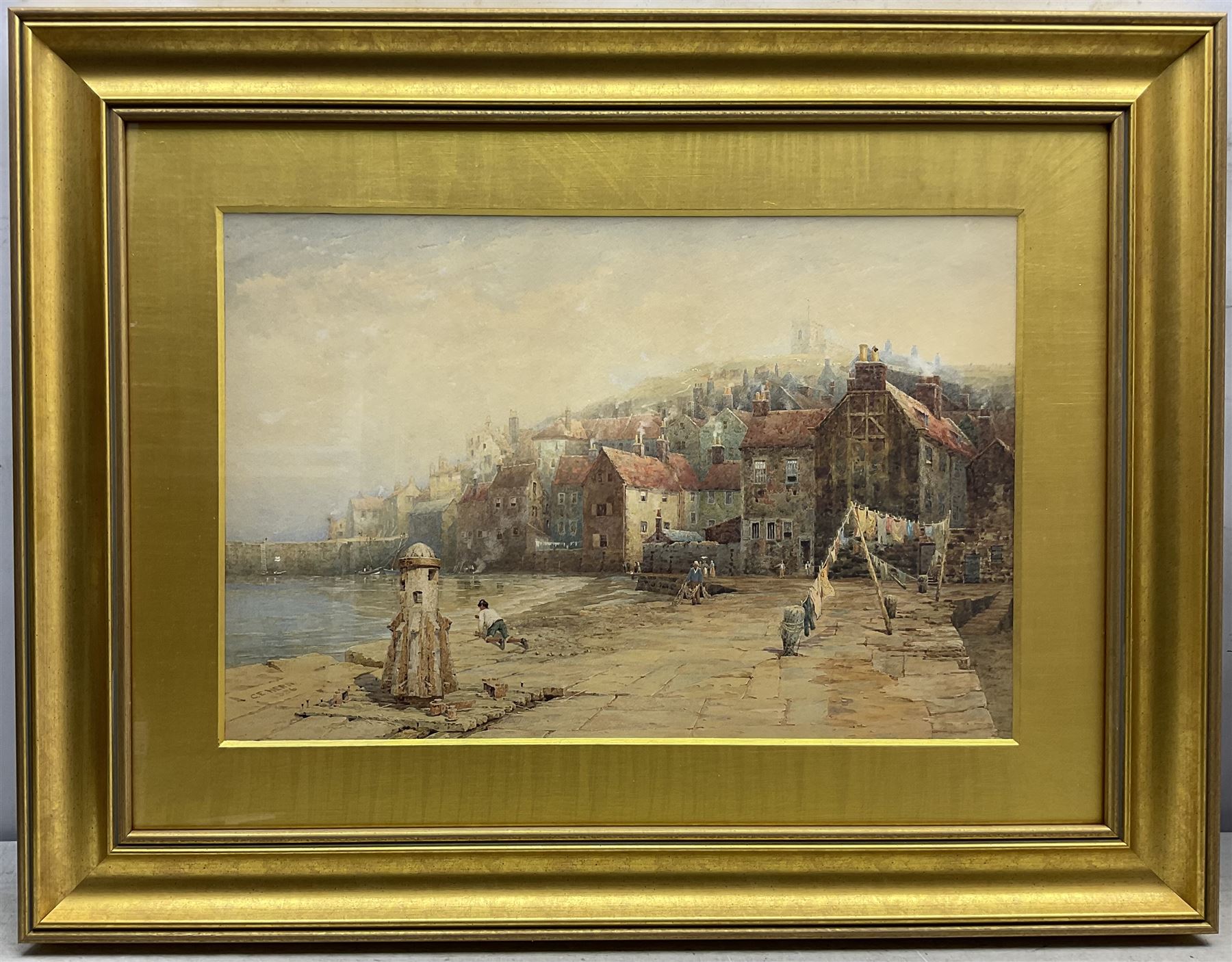 Charles Edward Hern (British 1848-1894): 'Fish Pier - Old Town Whitby', watercolour signed and dated 1886, titled on exhibition label verso 35cm x 53cm 
Provenance: private collection, purchased David Duggleby Ltd 3rd September 2012 Lot 94; exh. Royal Institute of Painters in Water Colours, label verso
