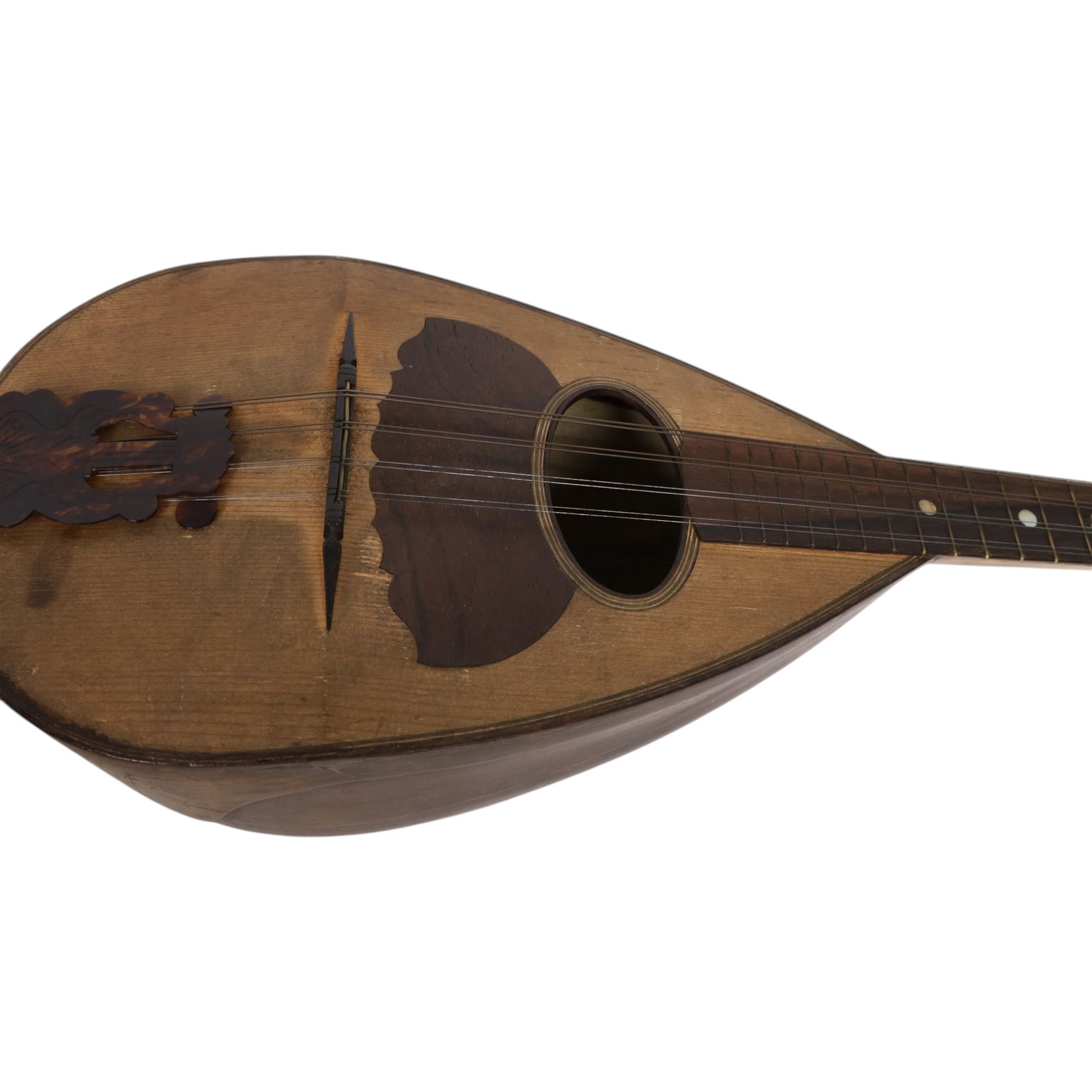 Early 20th century Italian bowl back mandolin, with bone tuners and faux tortoiseshell tailpiece, in hard carry case