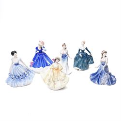 Two Coalport Ladies of Fashion figures 'Linda' and 'Maureen', together with four Royal Dou...