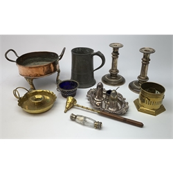 A 19th century silver mounted double ended clear glass scent bottle, the part gilded covers with scrolling foliate detail, and engraved with monogram and date 1877, L11.5cm, Victorian pewter tankard, brass chamber stick, brass snuffer, pair of silver plated telescopic candlesticks, copper planter with twin handles and three paw feet, H16cm, etc.