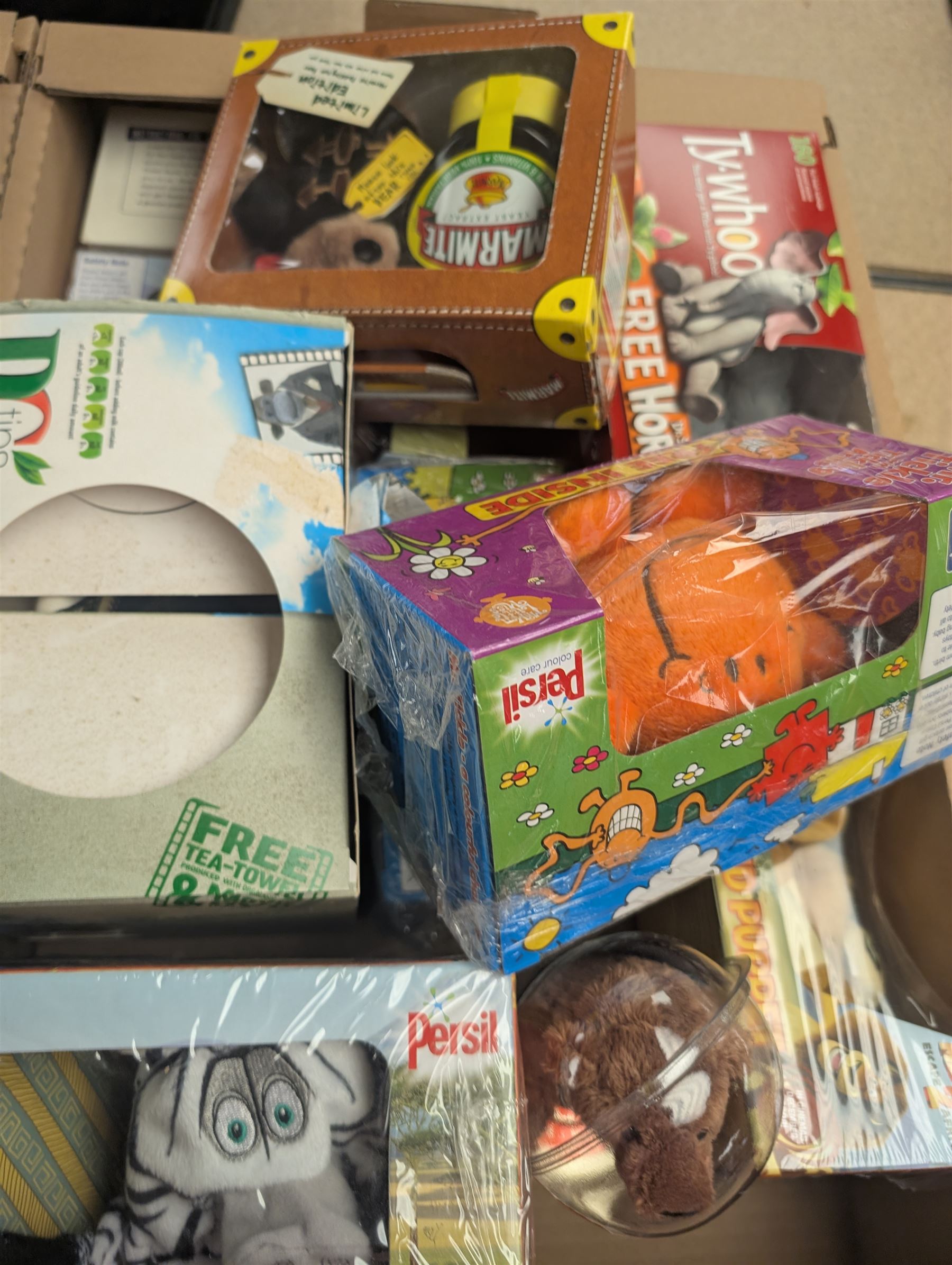 Limited edition collectables, including PG Tips monkeys, Paddington Marmite, Persil Madagascar puppets, Persil Mr Men soft toys, etc, some boxed, in two boxes  