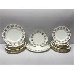 Minton Spring Bouquet pattern dinner and tea service, comprising dinner plates, twin handled tureens with covers, meat platter, teapot, milk jug, sugar bowl with cover, tea cups and saucers, bowls, cake plate, side plates, dessert plates, etc all with printed mark beneath (82)