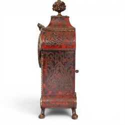 19th century,  French Boulle style mantel clock, drum movement, with a simulated scarlet tortoise shell, gilt brass dial inscribed with Roman numerals upon enamel lozenges, H30cm