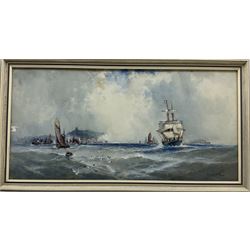 Frank Henry Mason (Staithes Group 1875-1965): 'Scarborough' - Sail and Steam Vessels in the South Bay, watercolour with scratching out on the wave highlights signed and titled 37cm x 75cm