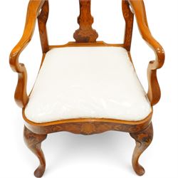 Set of eight (6+2) Dutch design walnut and floral marquetry dining chairs, the high backs with shaped cresting rail over a vasiform splat inlaid with Neoclassical urns and bouquets of foliage and bellflowers, ivory upholstered drop-in seat over scallop shell inlaid apron and cabriole supports with pad feet
