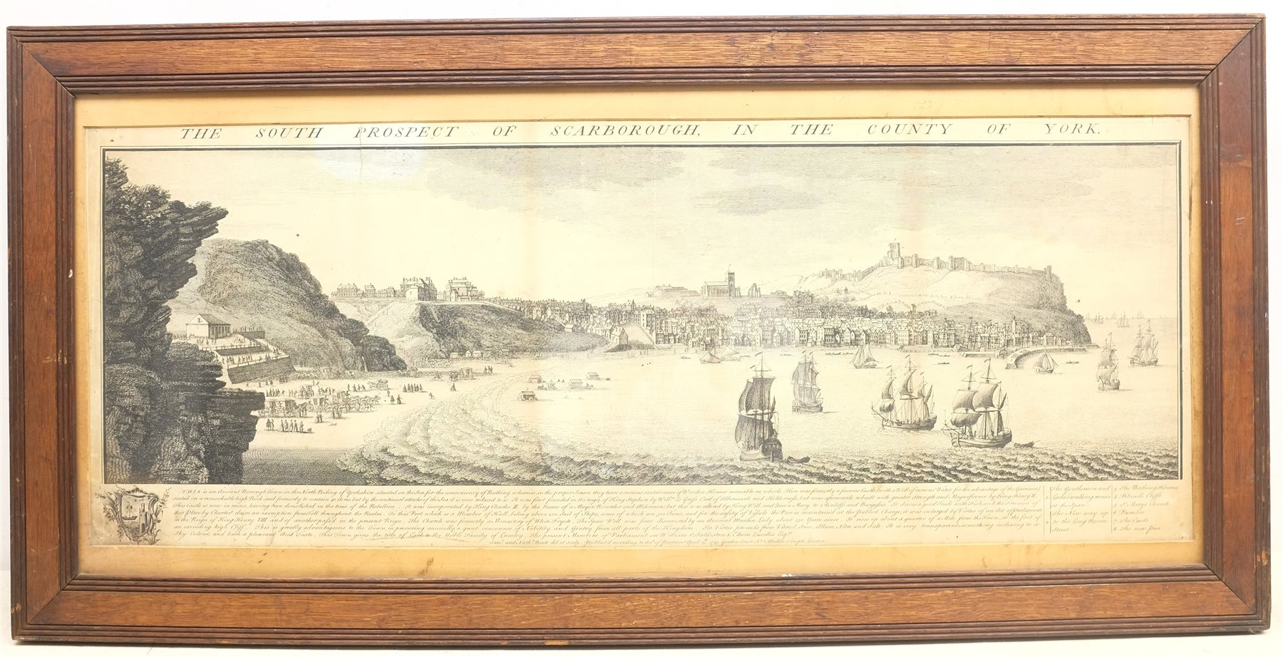 After Samuel Buck (British 1696-1779) and Nathaniel Buck (British 18th century): 'The South Prospect of Scarborough in the County of York', 18th century engraving pub. London 1745, 31cm x 80cm