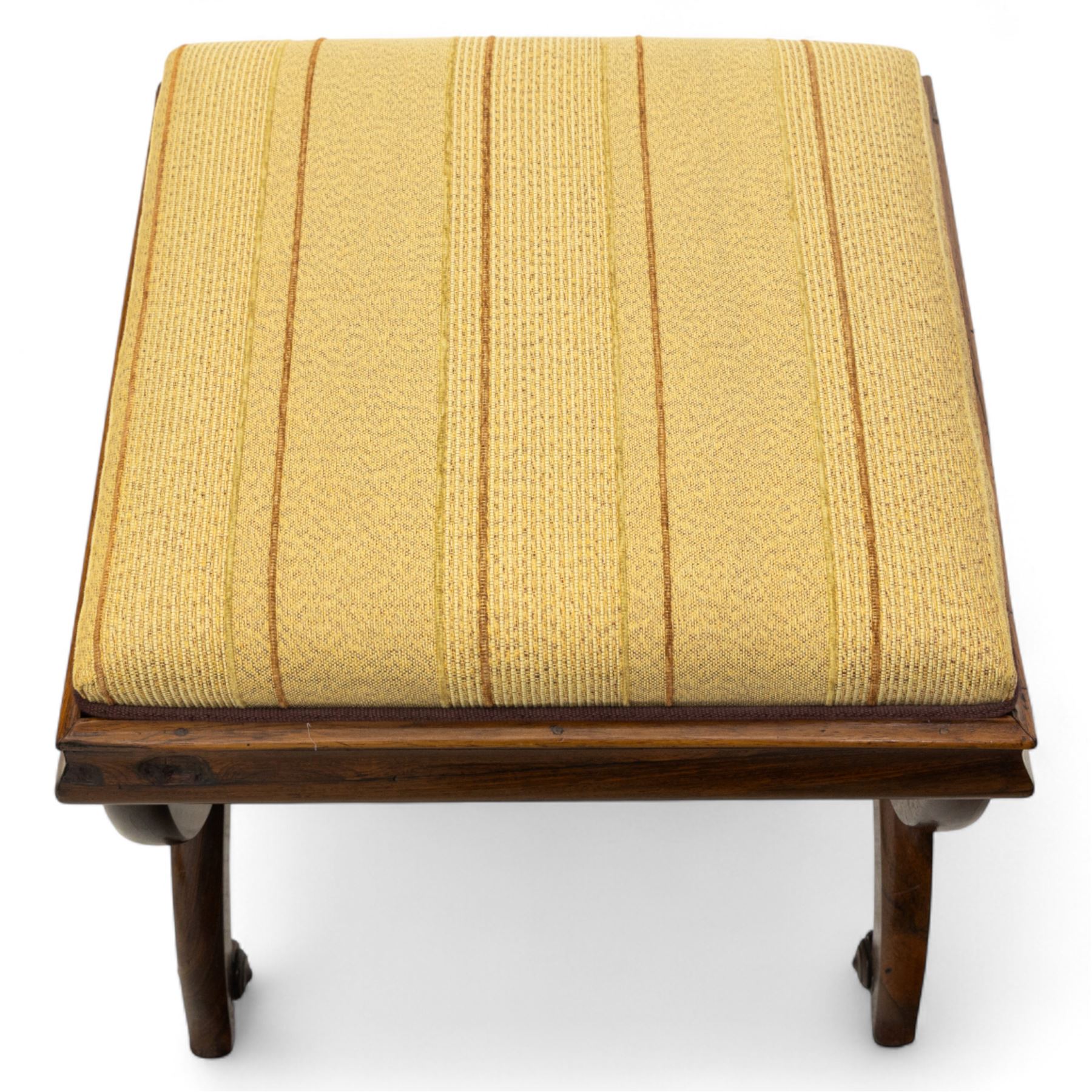 William IV X-frame rosewood stool with upholstered drop-in seat and a Regency simulated rosewood and brass inlaid dining chair with drop-in seat worked in floral needlepoint, W43xD43xH43cm & W46xD40xH79, (2)