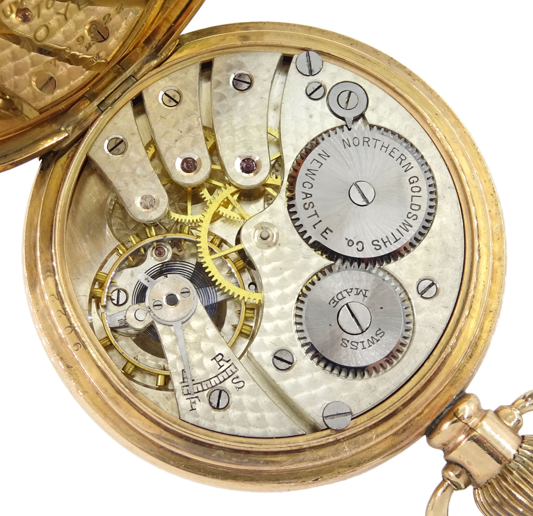 Early 20th century gold-plated keyless open face Swiss lever pocket watch by Northern Goldsmiths Co, Newcastle Admiralty, case by Dennison