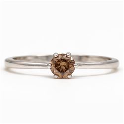 18ct white gold fancy brown diamond ring, six claw set with a round brilliant cut diamond ...