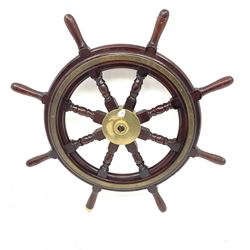 Mahogany and brass eight-spoke ships wheel, the brass hub inscribed John Hastie & Co. Ltd. Greenock D92cm