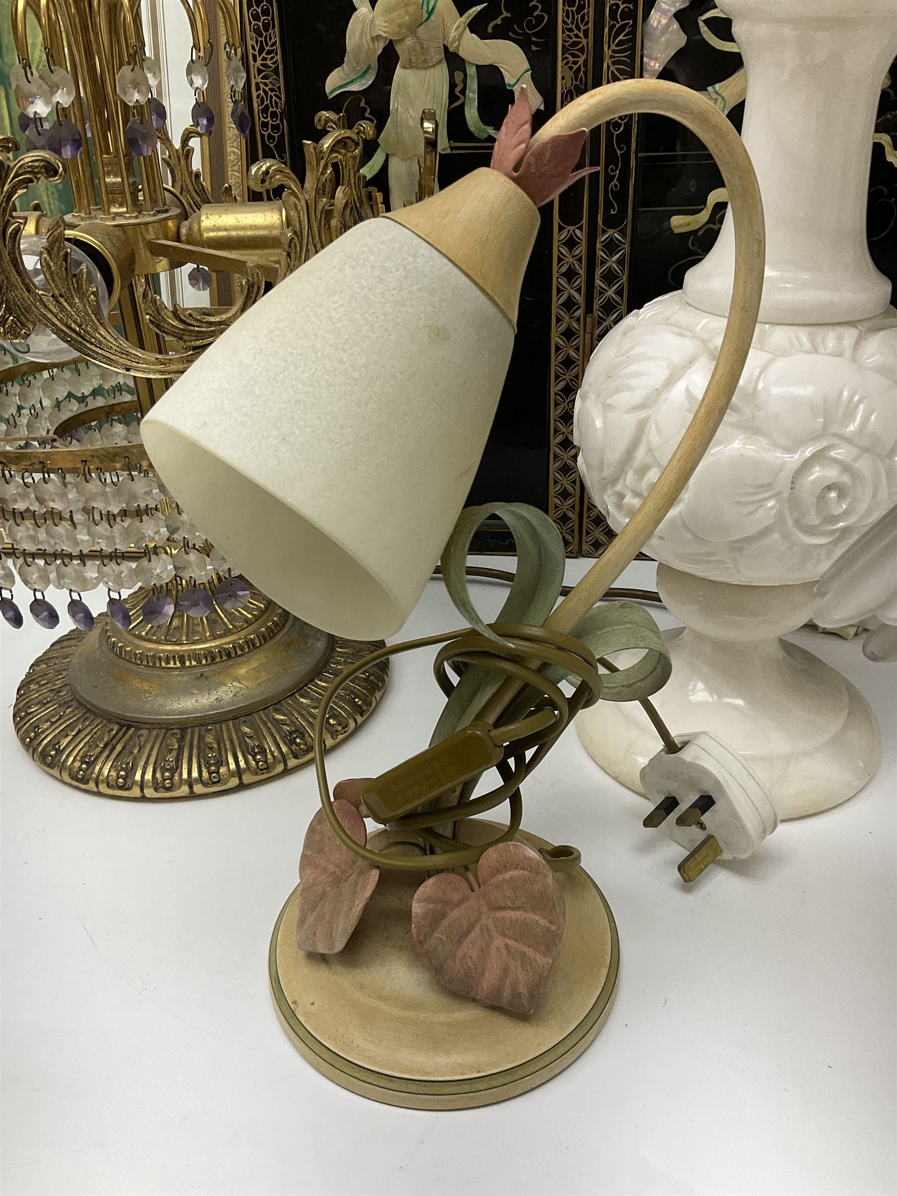 Soapstone table lamp, with carved floral stem, together with three other table lamps, metal candelabra and candlestick, Charles Burton Barber framed print and a Chinese table screen etc 