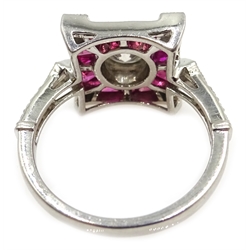  Platinum (tested) ruby and diamond square shaped ring, central round diamond approx 0.7 carat  
