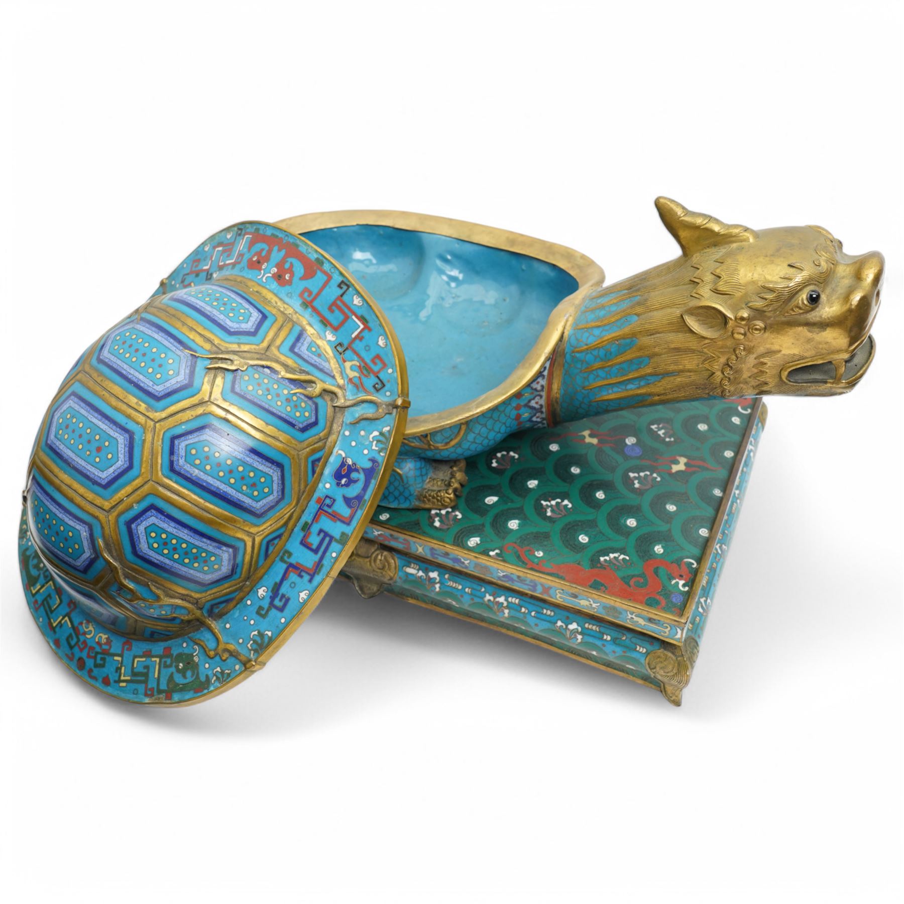 Pair of Chinese 20th century cloisonne dragon turtles with lidded shells, on rectangular bases 45cm x 27cm x 28cm