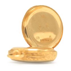 Early 20th century 18ct gold open face keyless lever fob watch, white enamel dial with Roman numeral hour markers, engraved foliate case, the cartouche monogrammed with initials HA, stamped 18K with Helvetia hallmark