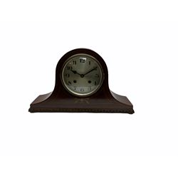  1940's mahogany veneered eight-day Tambour clock with a French eight-day movement striking the hours on a coiled gong, silver effect dial with upright Arabic numerals and steel spade hands, convex glass in a spun bezel, movement stamped 