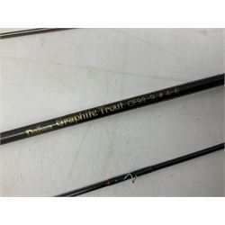 Shakespeare 'Composite Beachcaster 1332-300' 10ft two piece rod with Shakespeare alpha reel, Elastiglas two piece fly rod, Ryobi Masterline carbon fibre 'Pioneer PIF 85 Fly 8' 6