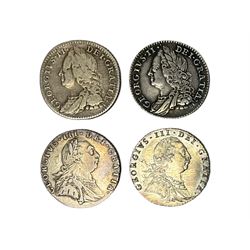 Two George II 1758 silver sixpence coins and two George III 1787 silver sixpences (4)