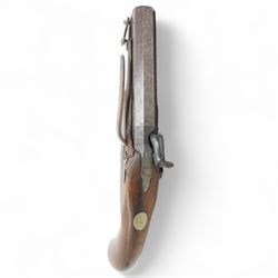 19th century percussion pistol with octagonal barrel, captive ramrod, belt hook, scroll engraved lock and trigger guard and walnut stock L25cm  