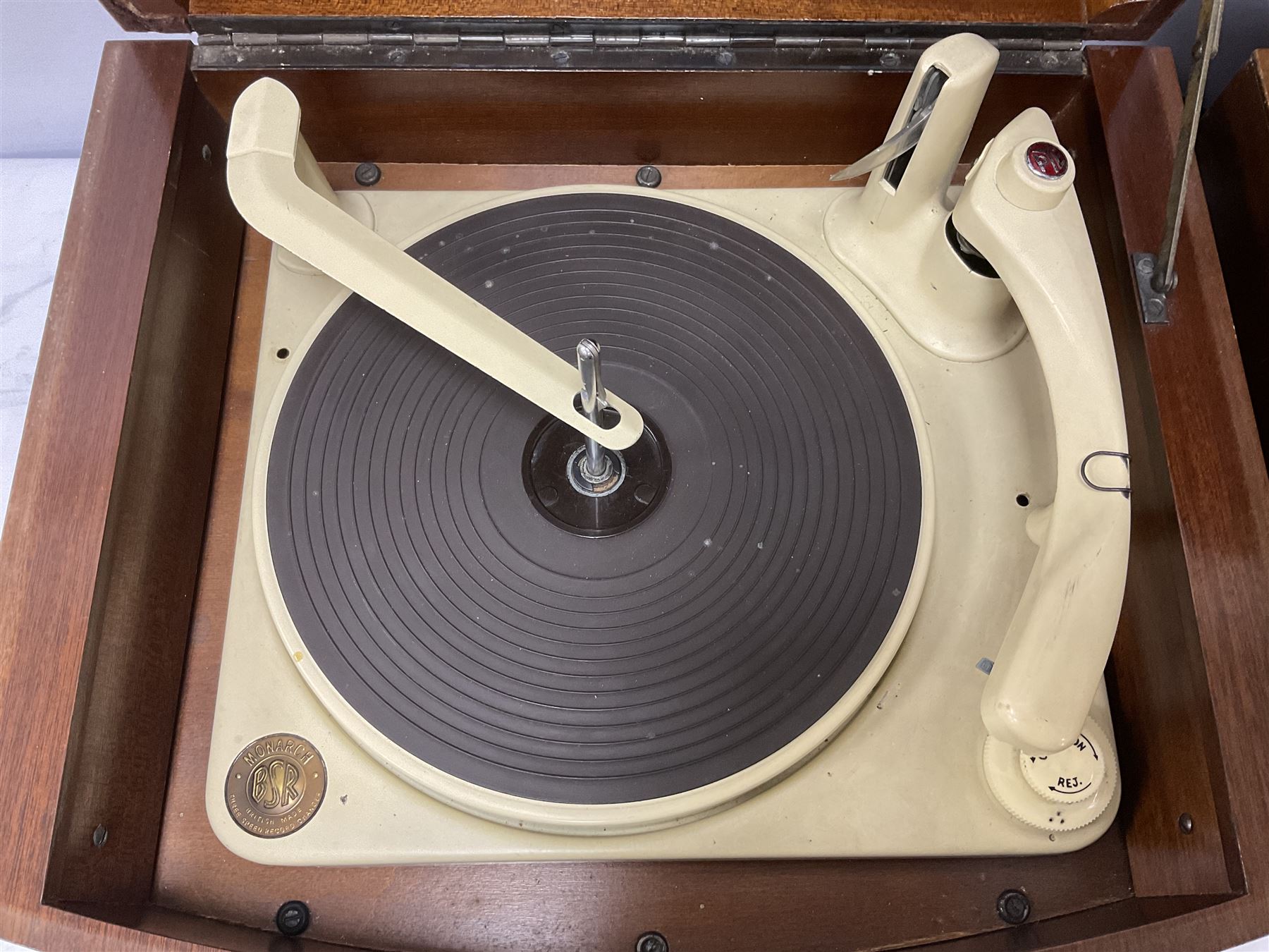 Three 1950s Pye Black Box Hi-Fi gramophones in mahogany cases, to include two examples with BSR Monarch turntable decks, W43cm D35cm H28.5cm